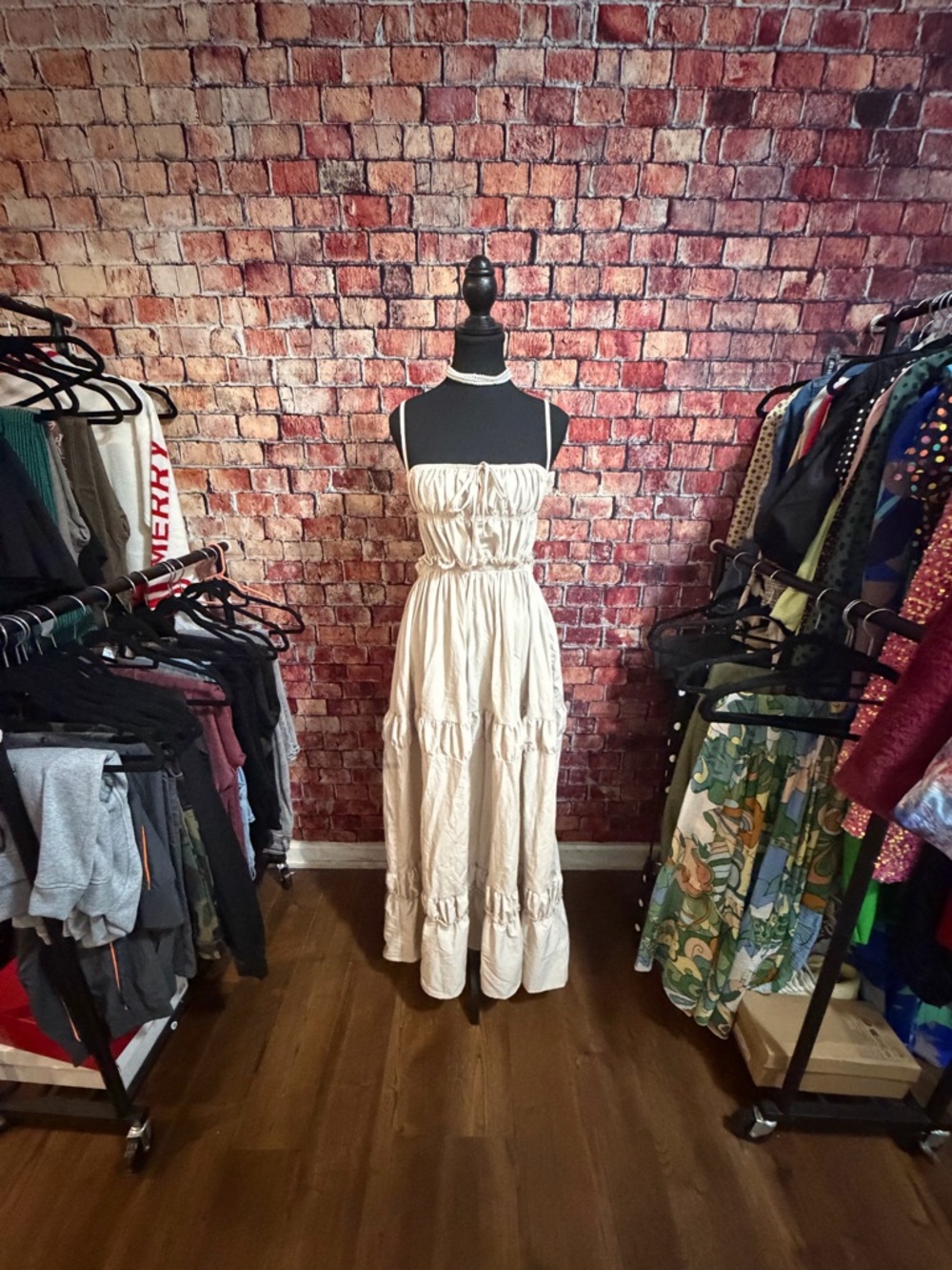 SHEIN Beige Tiered Midi Dress | Size Large (8/10) | Spaghetti Strap Summer Dress